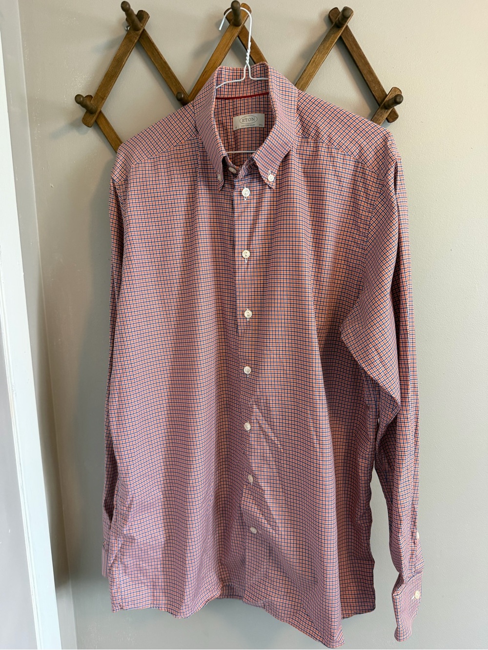 Eton Orange Blue Micro Check Button Down Dress Shirt 42 16.5